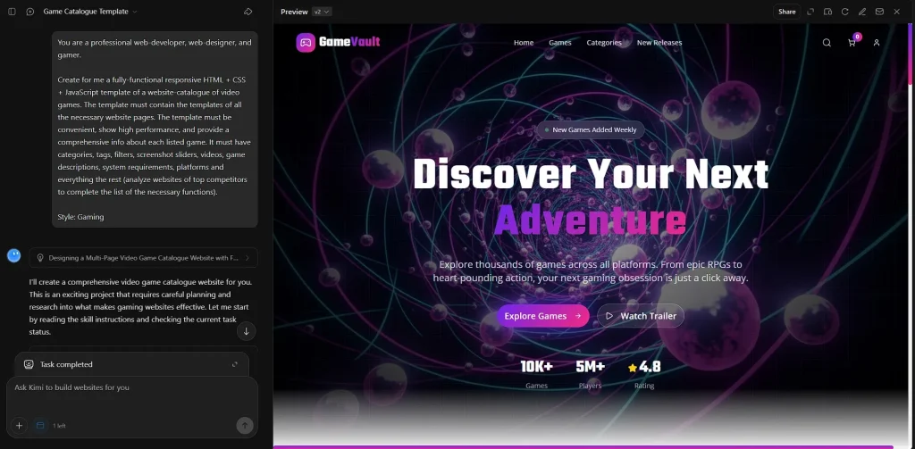 Веб-сайт створений Kimi K2.5 за нашим простим промптом