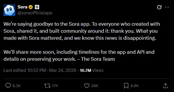 Офіційне оголошення про закриття Sora